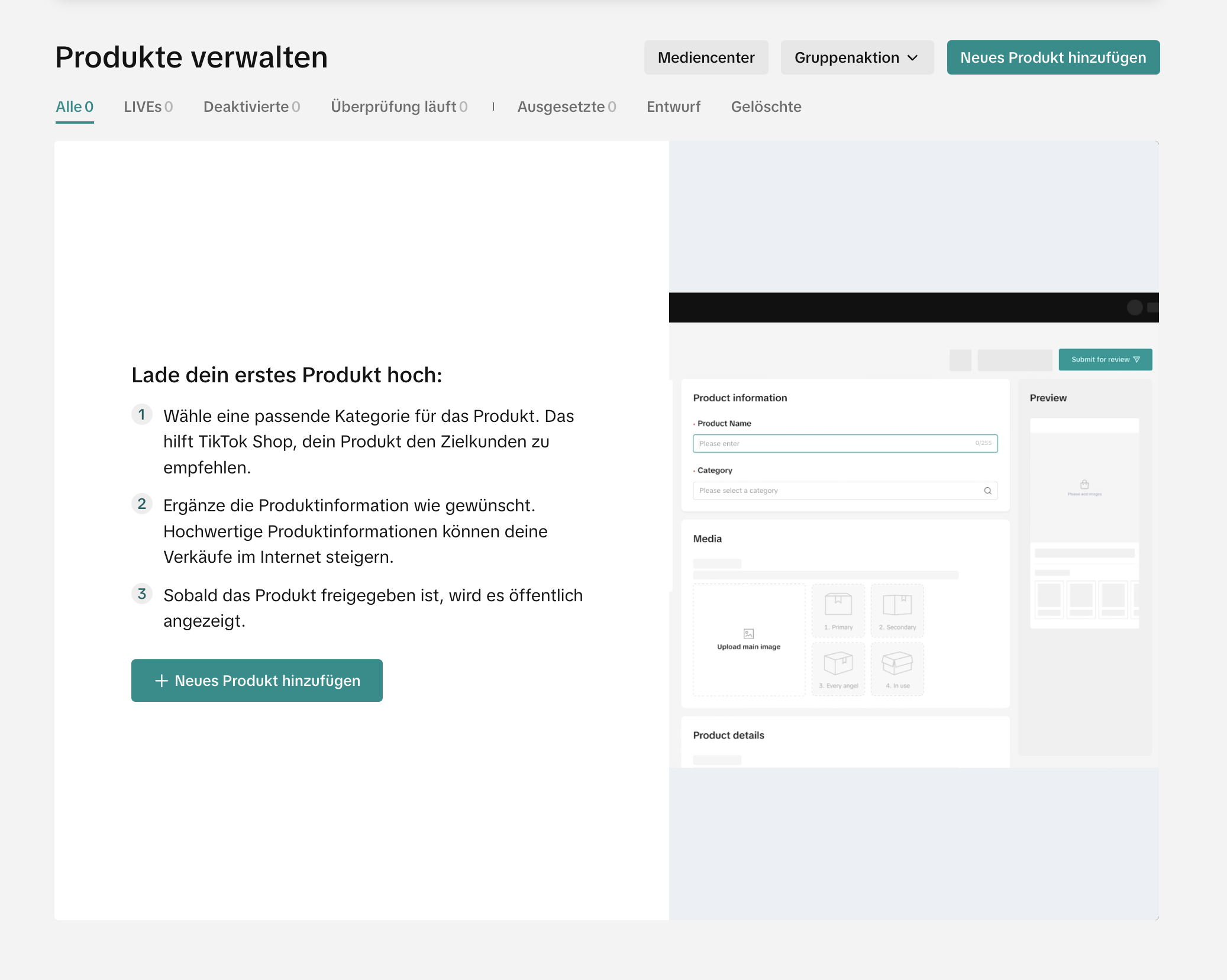 Produkt erstes mal anlegen TikTok Shop Screenshot