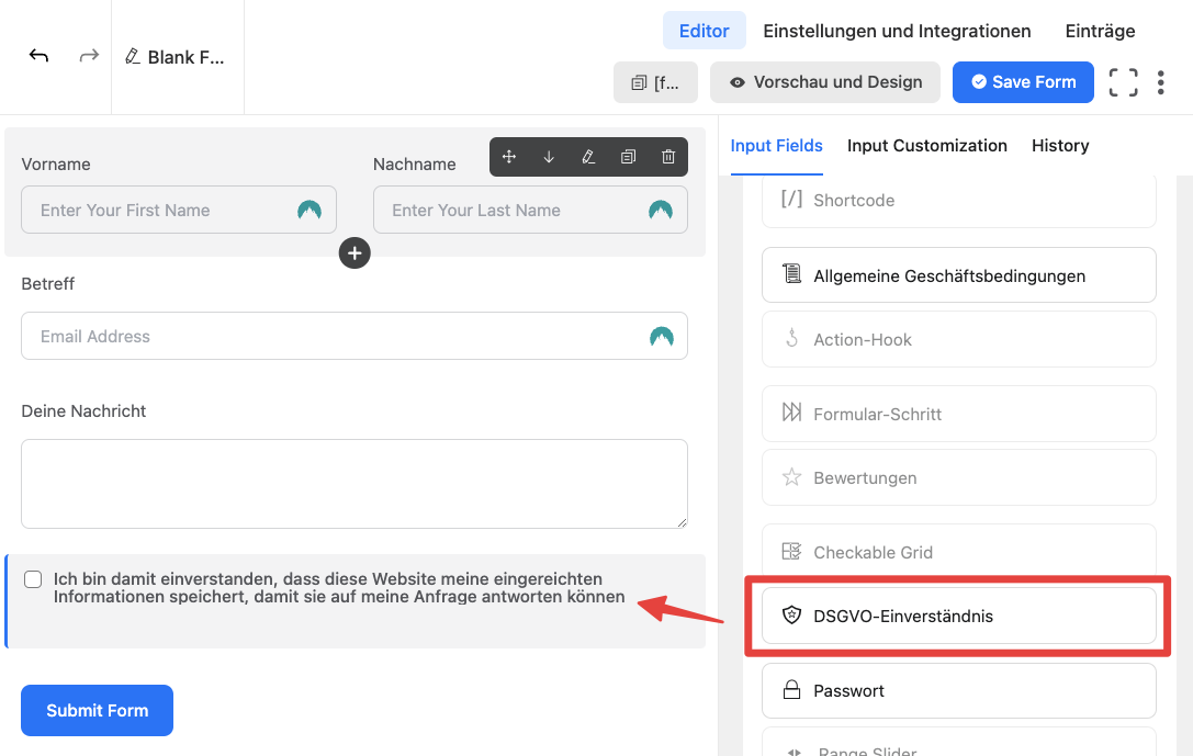 fluentforms dsgvo checkbox