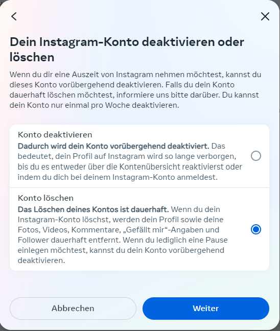 instagram konto loeschen