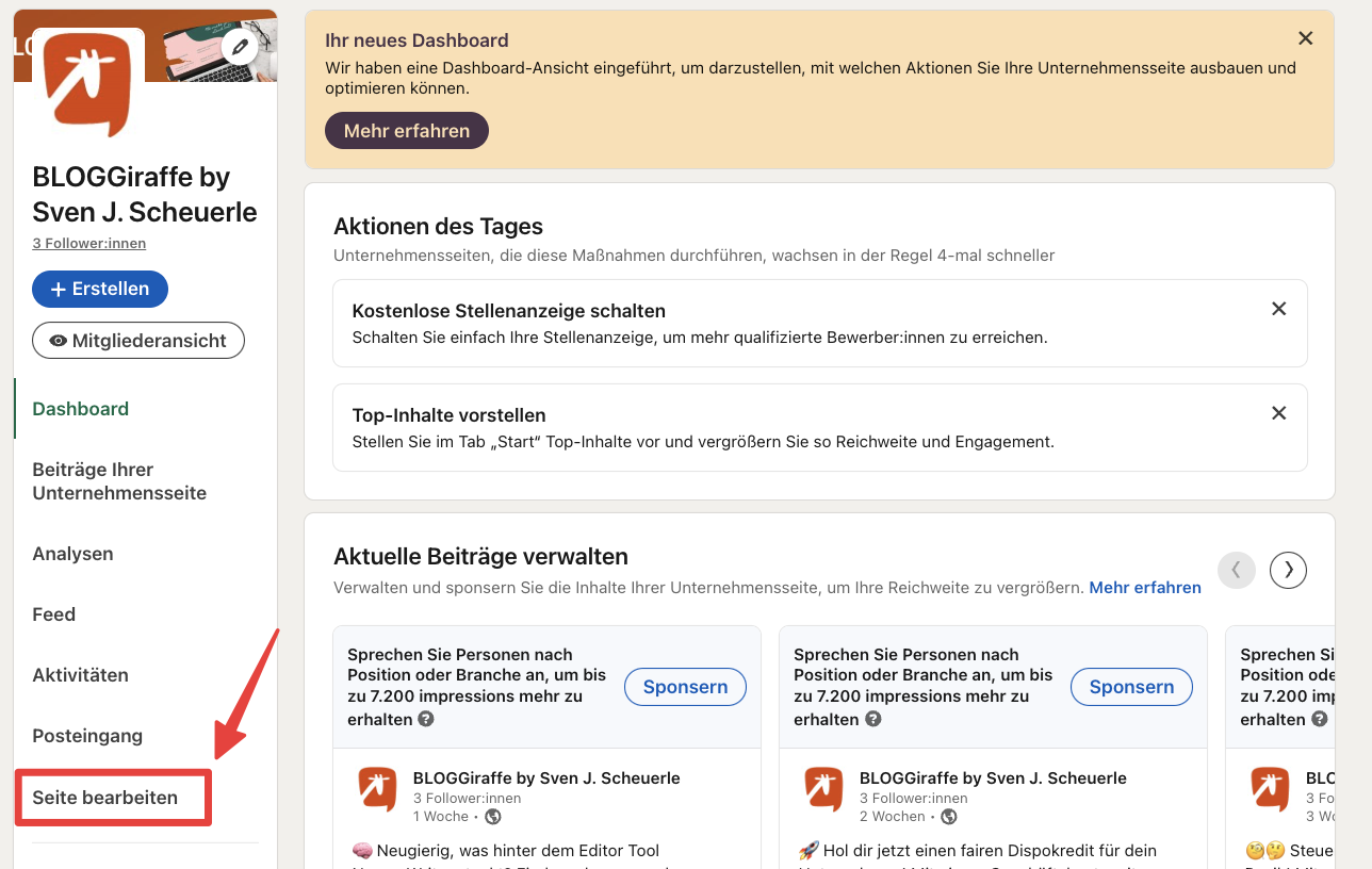 linkedin unternehmensseite seite bearbeiten